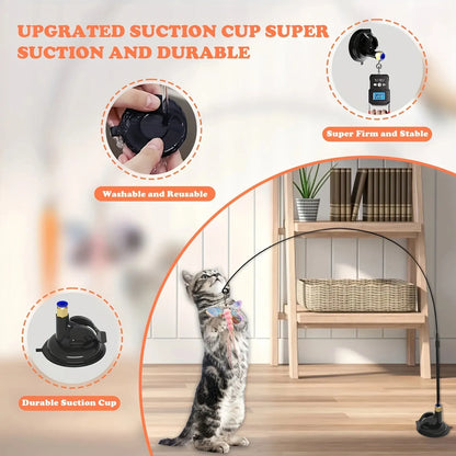 Interactive Bell & Feather Wand  Cat Teaser Toy  with Long Suction Cup Pole
