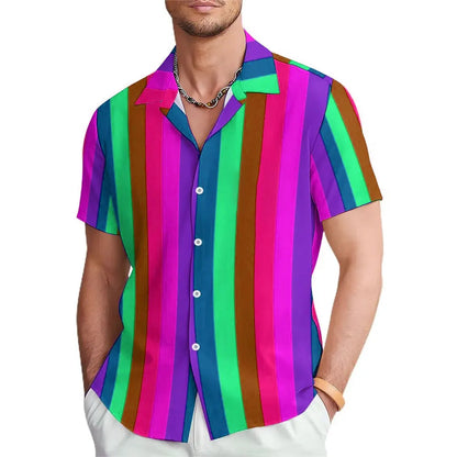 2024 new summer men's shirts rainbow striped casual short-sleeved shirts 3D HD full body printing shirts versatile fashion comfo