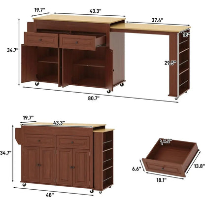 80" Kitchen Island with Dining Table & Power Outlet