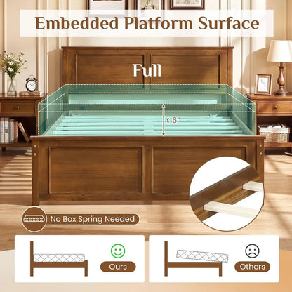 Wood Full Platform Bed with Headboard & Under‑Bed Storage