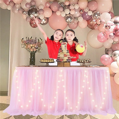 Tulle Table Skirt with LED Lights 6FT Table Cloth for Baby Shower Wedding Birthday Party Bar Home Table Valentine's Day Decor