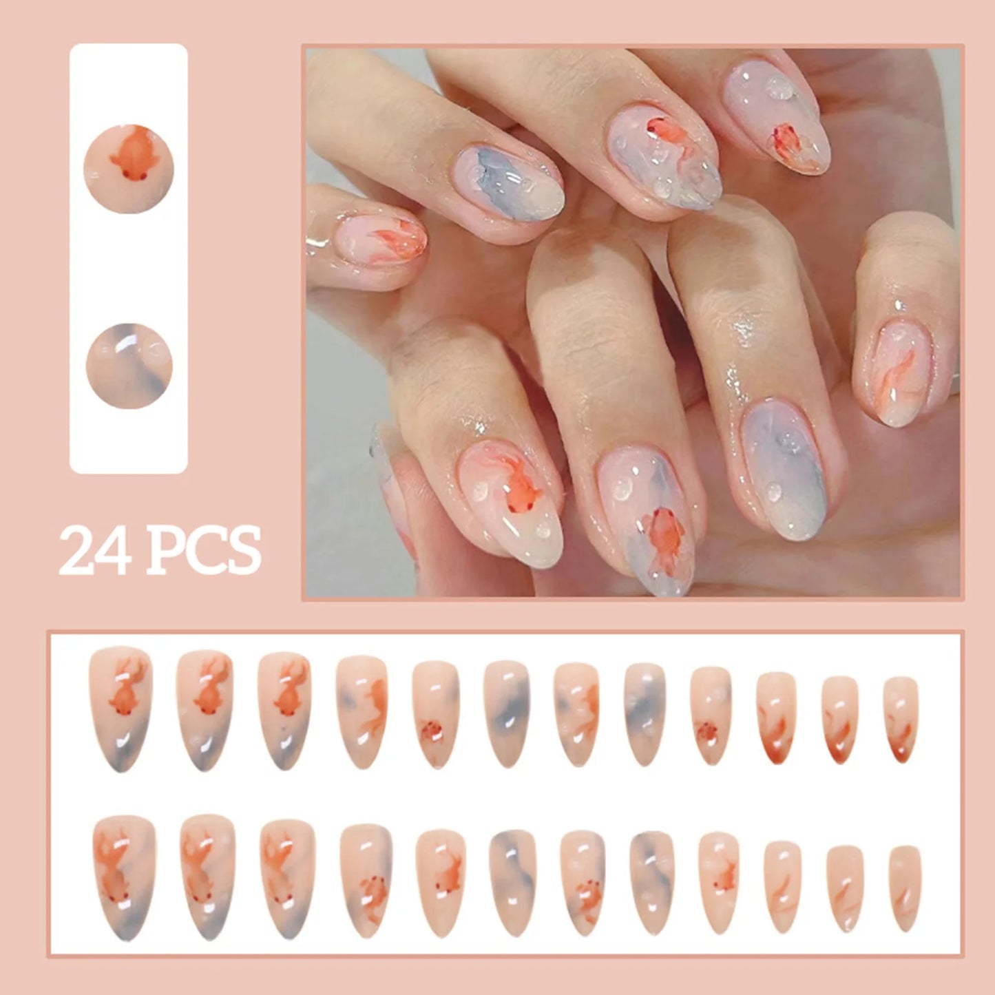 24pcs White Flower Fake Press on Nail Tips Yellow Pink Blush Full Cover Almond Shaped