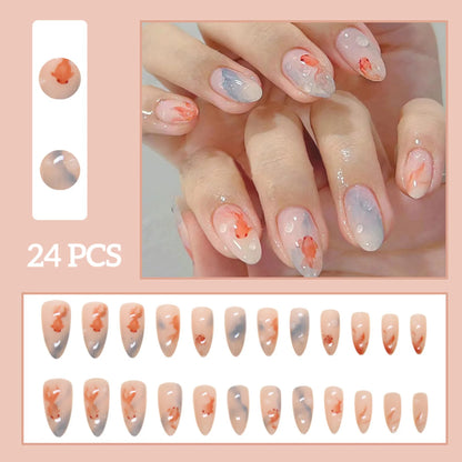 24pcs White Flower Fake Press on Nail Tips Yellow Pink Blush Full Cover Almond Shaped