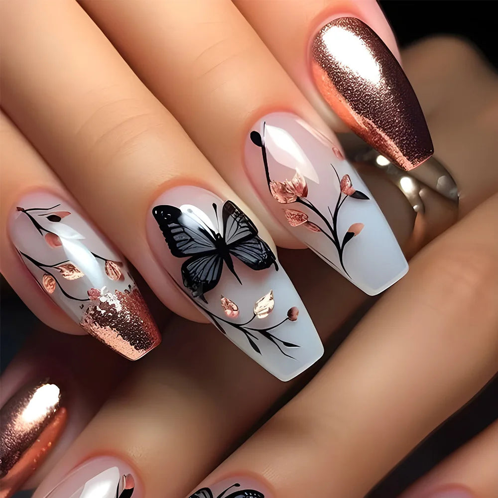 24pcs Gold Stripe Press‑On Nails – Long Square Full Cover Tips