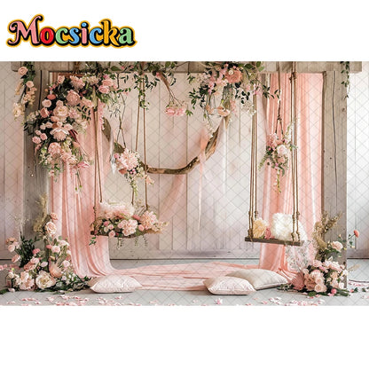Mocsicka Photography Background Spring Indoor Wreath Cradle Decor Wedding Maternity Adult Kids Portrait Backdrop Photo Studio