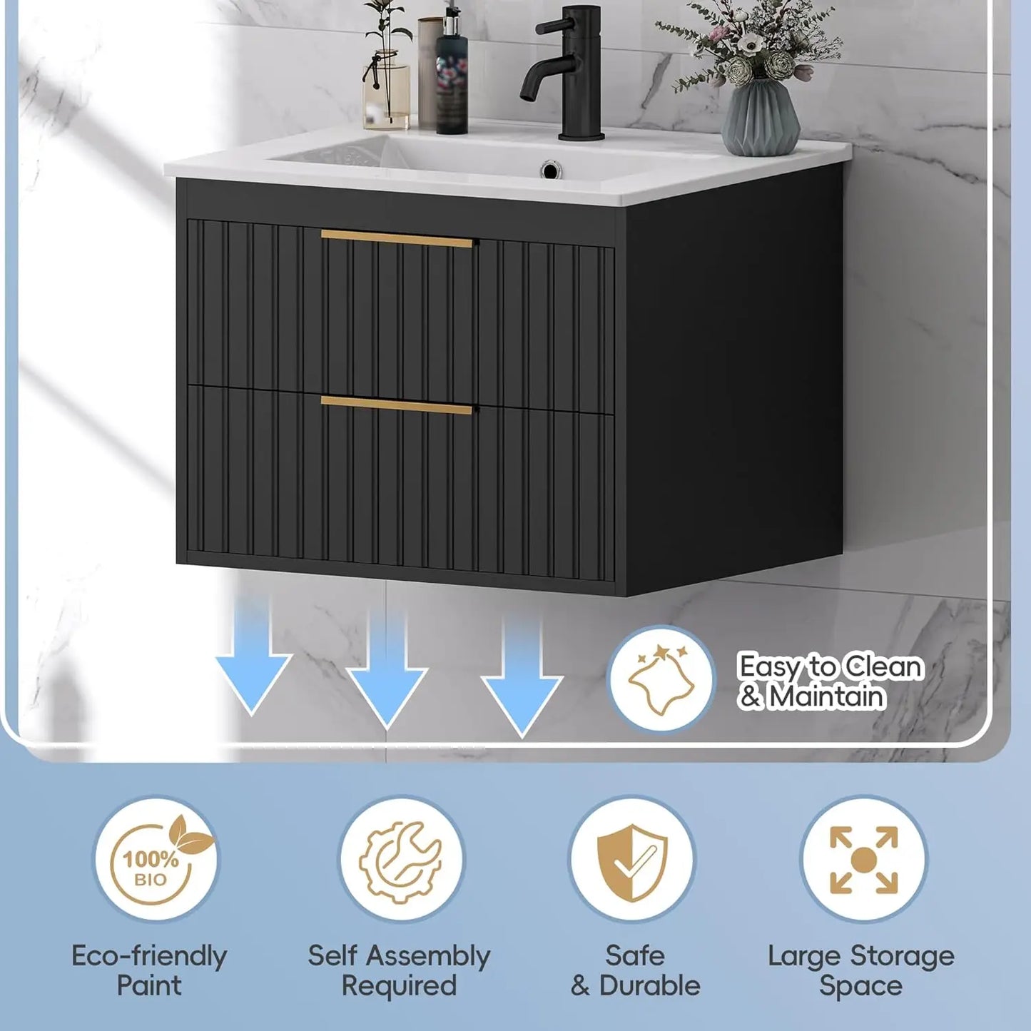 24" Floating Bathroom Vanity with Sink & 2 Drawers – Black