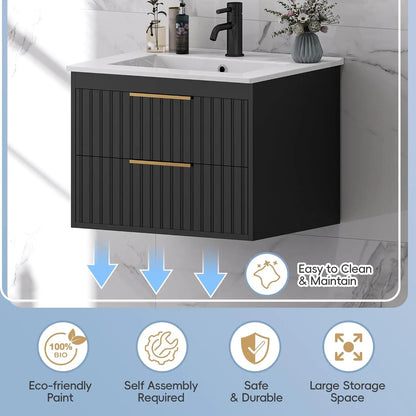 24" Floating Bathroom Vanity with Sink & 2 Drawers – Black