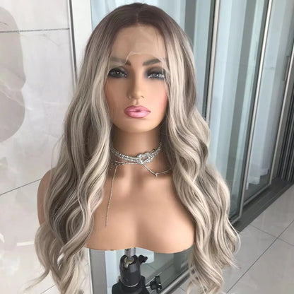 Ash Blonde Body Wave Lace Front Wig – Pre‑Plucked Long Wavy Synthetic Lace Frontal for Women