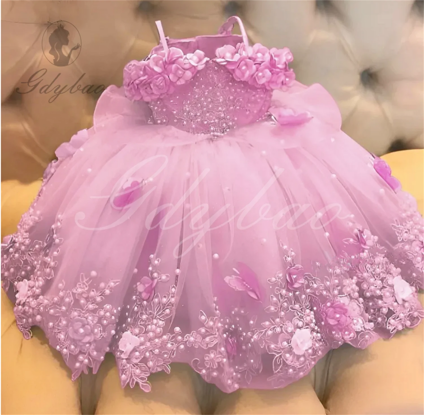 Off‑Shoulder Pearl &amp; Lace Butterfly Flower Girl Dress (Infant · First Birthday · Ball Gown · Customizable)