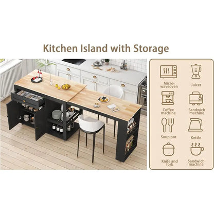 78 Rolling Kitchen Island with Extendable Dining Table or 4, Kitchen Islands on Wheels with Pull Out Table, 2-Tier Storage Shelf