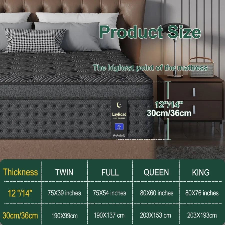 12/14" Hybrid Mattress — Memory Foam + Springs, Multiple Sizes LayRoad