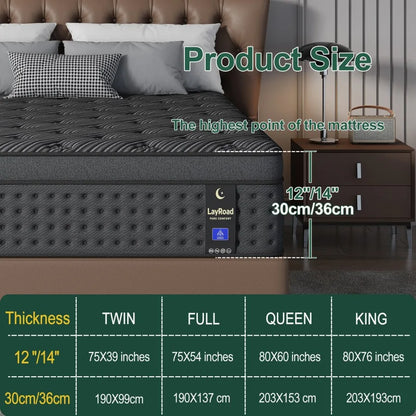 12/14" Hybrid Mattress — Memory Foam + Springs, Multiple Sizes LayRoad