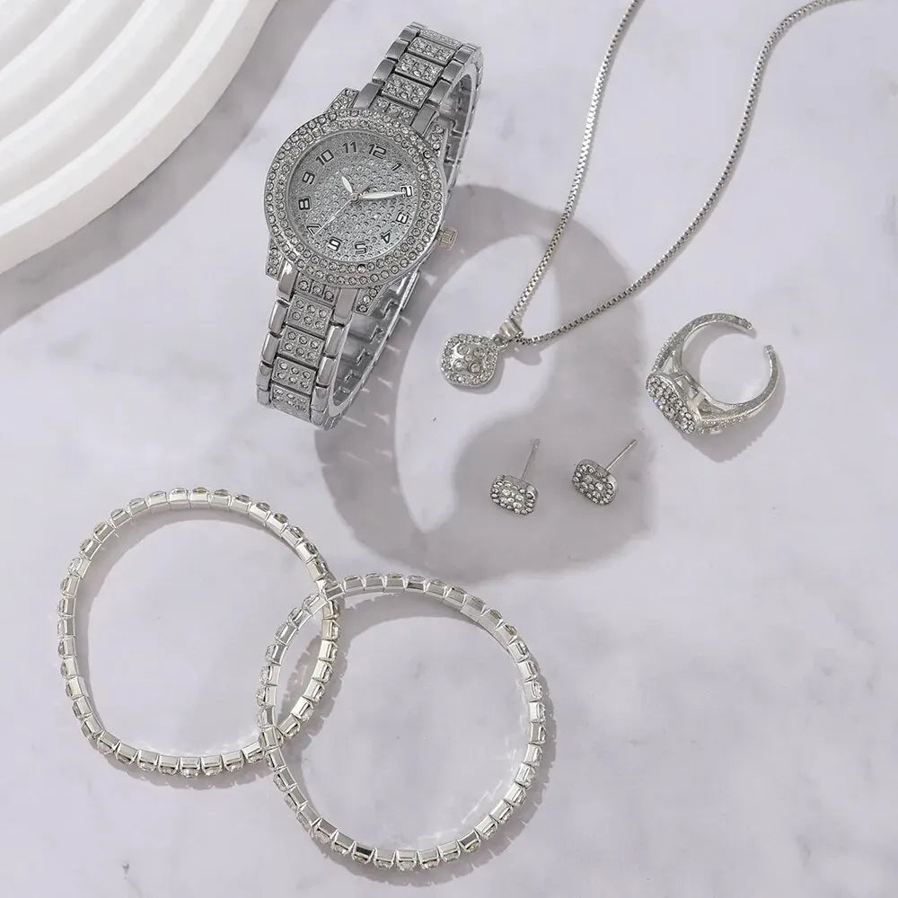6PCS Women's Luxury Elegant Alloy Crystal Wristwatch, Rhinestone Bracelet, Neckless, Ring