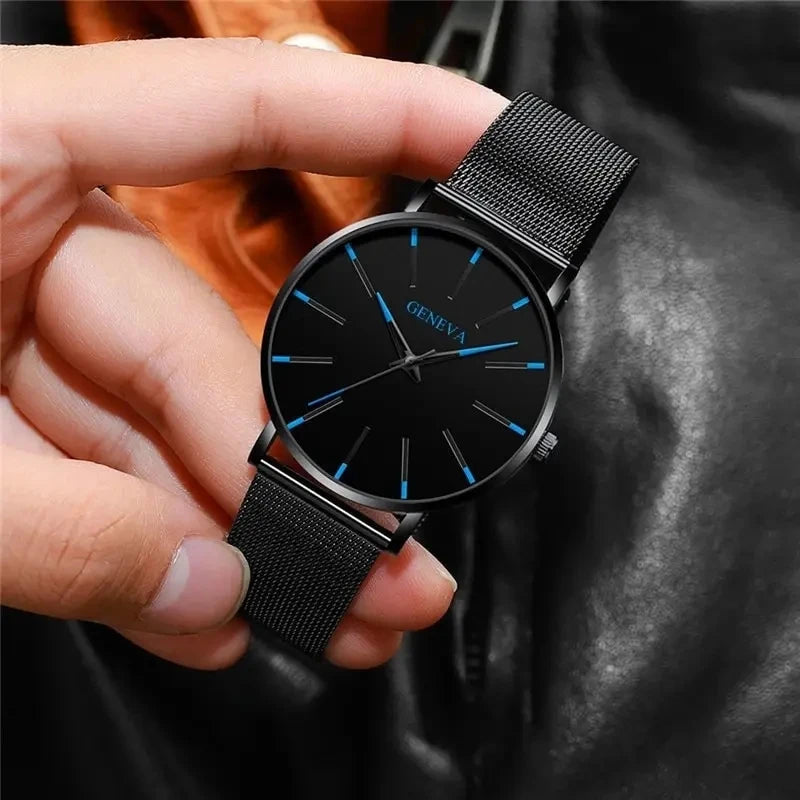 Mens Business Black Luxury Watches Stainless Steel Ultra Thin Mesh Belt Quartz