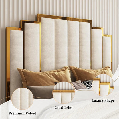 Queen Velvet Bed Frame with Gold Trim Headboard (Custom)