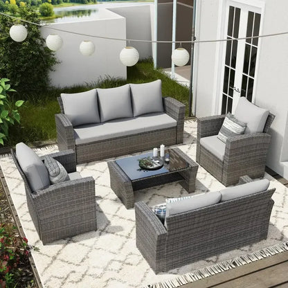 5‑Piece Wicker Patio Conversation Set with Cushions & Glass Table
