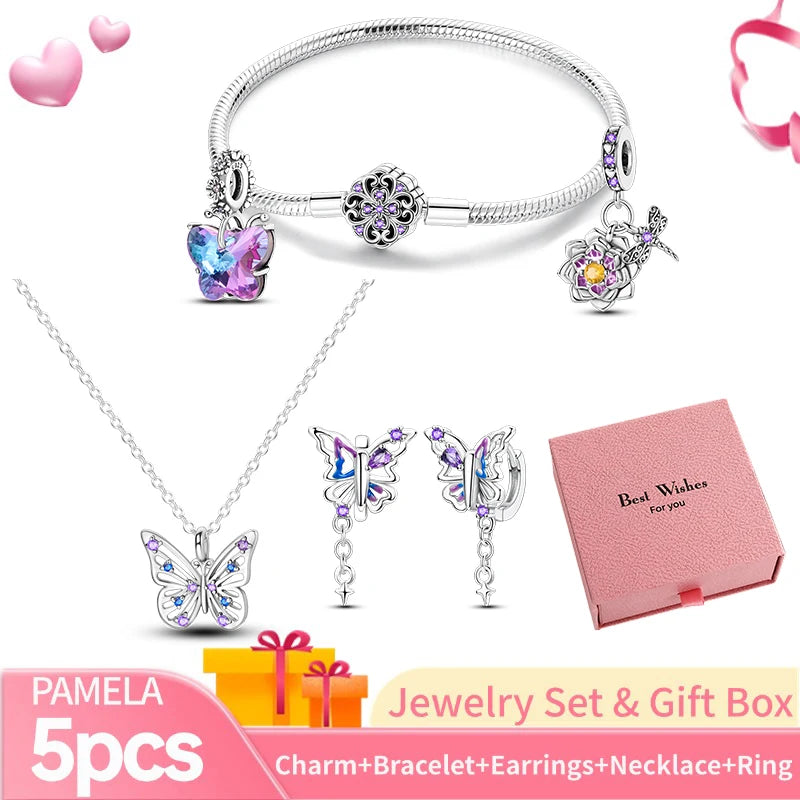 Pink Heart Bracelet Set 925 Silver Original Flower Ring Butterfly Earrings & Gift Box For Women Wedding Jewelry Best Wish 5pcs