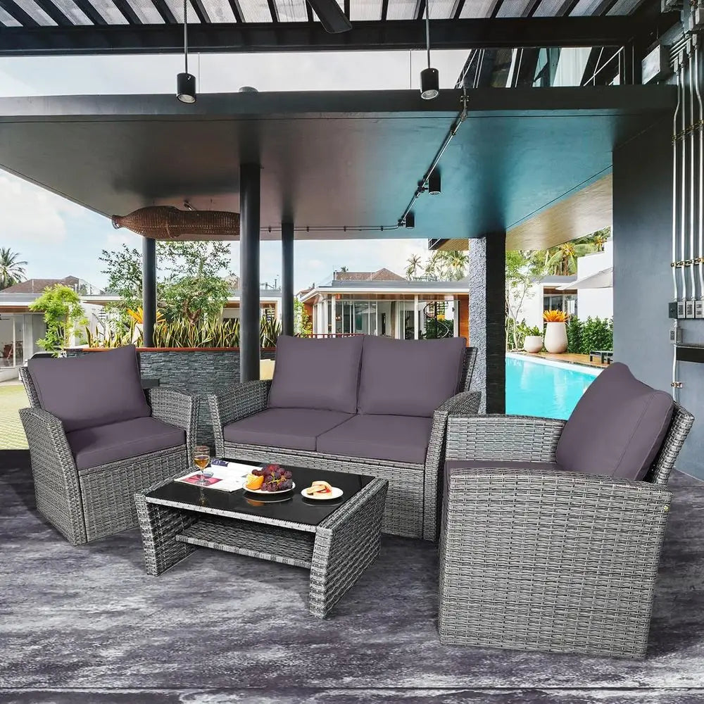 4‑Piece Patio Rattan Furniture Set with Glass Coffee Table