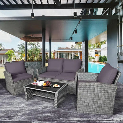 4‑Piece Patio Rattan Furniture Set with Glass Coffee Table