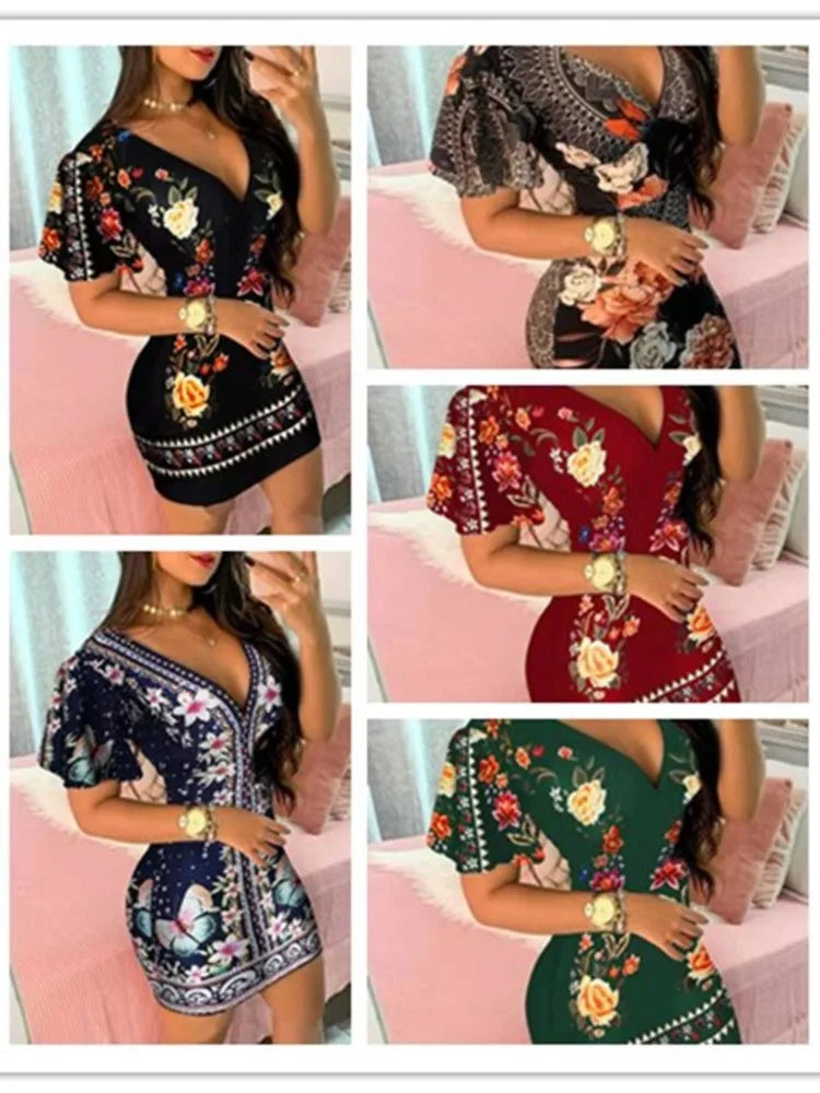 Women’s Elegant Floral Print Bodycon Mini Dress – Sexy Deep V‑Neck Summer Party & Office Look
