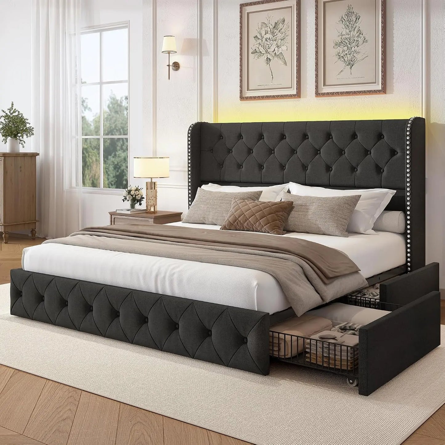 King Velvet Platform Bed w/ LED & 4 Storage Drawers