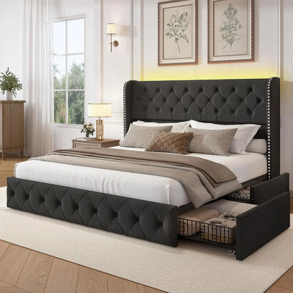 King Velvet Platform Bed w/ LED & 4 Storage Drawers