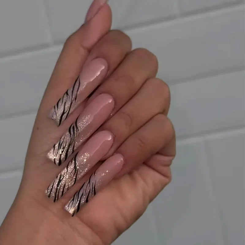 24Pcs Gold French Border False Long Coffin Press on Nails with Rhinestones Ballerina Full Cover