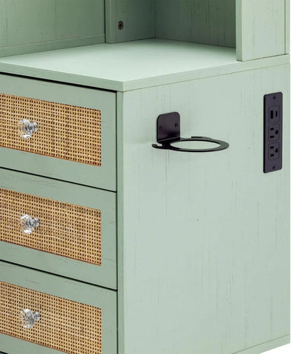 Boho Rattan Vanity with 3‑Mode LED Mirror & Stool – Mint