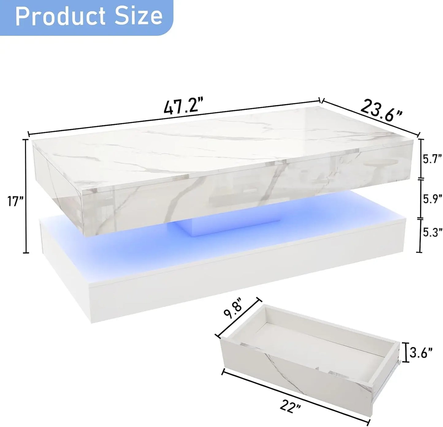47.2" High‑Gloss LED Coffee Table with Sliding Drawers – Marble Print