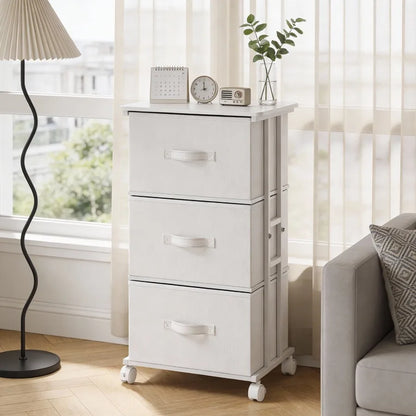Rolling 3‑Drawer Nightstand – Fabric Storage