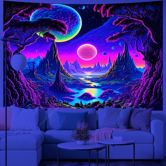 Galaxy Space Landscape UV Reactive Tapestry Trippy Planet Mountain River Neon Art Wall Tapestries for Bedroom Dorm Party Decor