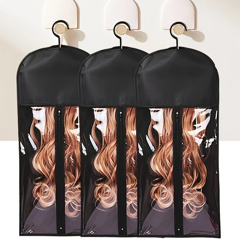 1/3pcs Premium Wig Storage Bags with Sturdy Metal Hangers - Black Transparent Design for Multiple Wigs & Hair Extensions