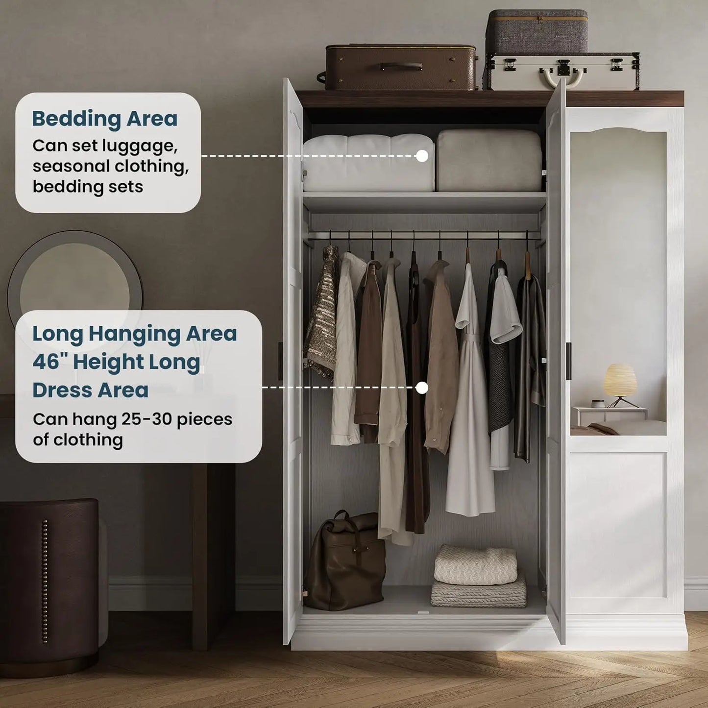 White 3‑Door Wardrobe with Mirror, Shelves & Hanging Rod