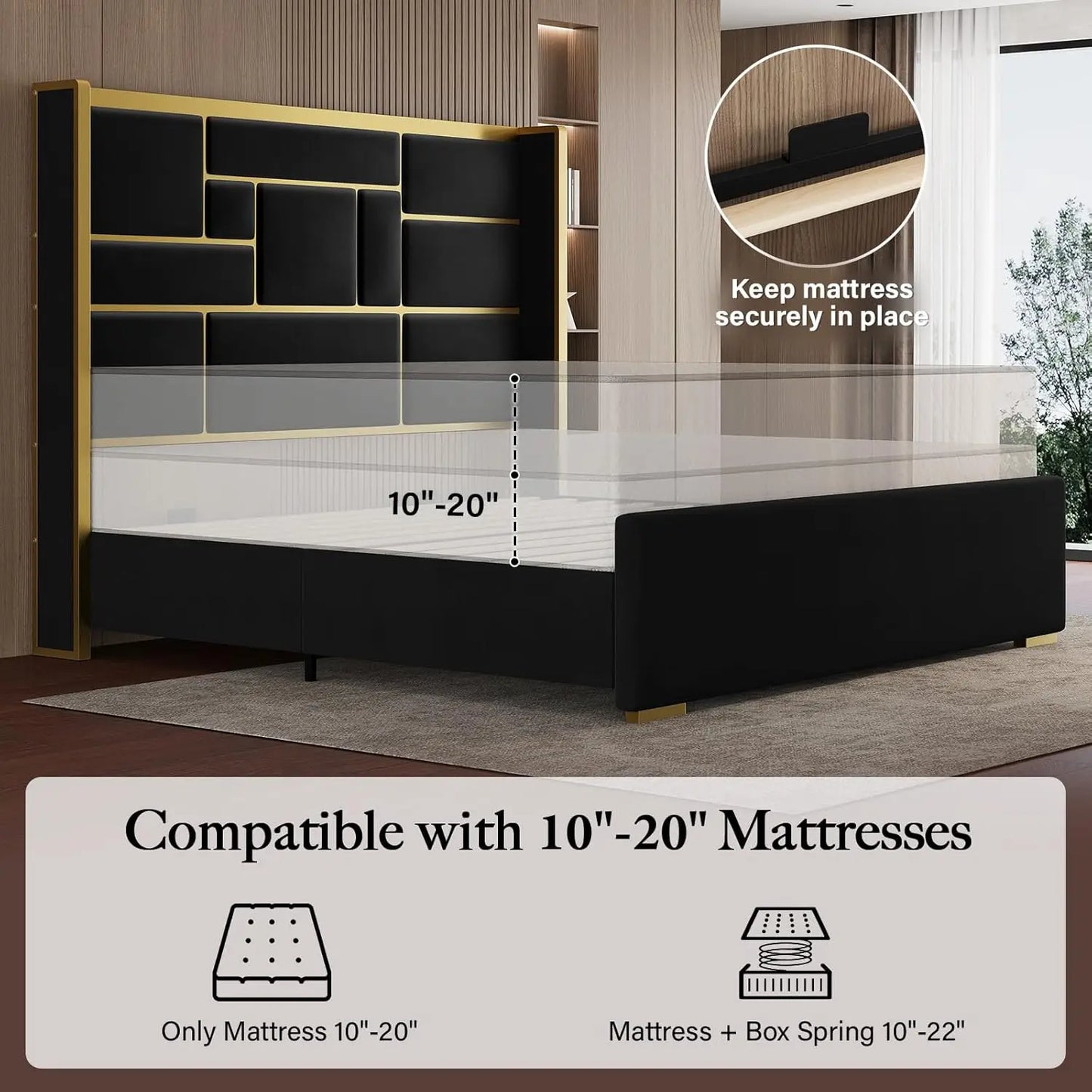 Full Bed Frame with 55" Tall Velvet Headboard – Gold Trim