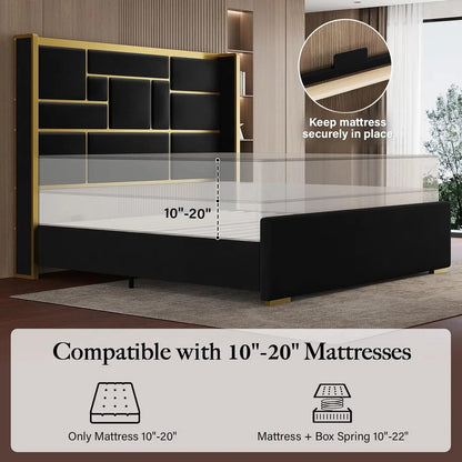 Full Bed Frame with 55" Tall Velvet Headboard – Gold Trim