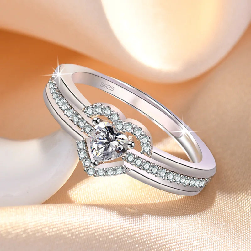 Hot 925 Sterling Silver Heart Ring Sparkle Zircon High Quality