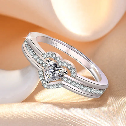 Hot 925 Sterling Silver Heart Ring Sparkle Zircon High Quality
