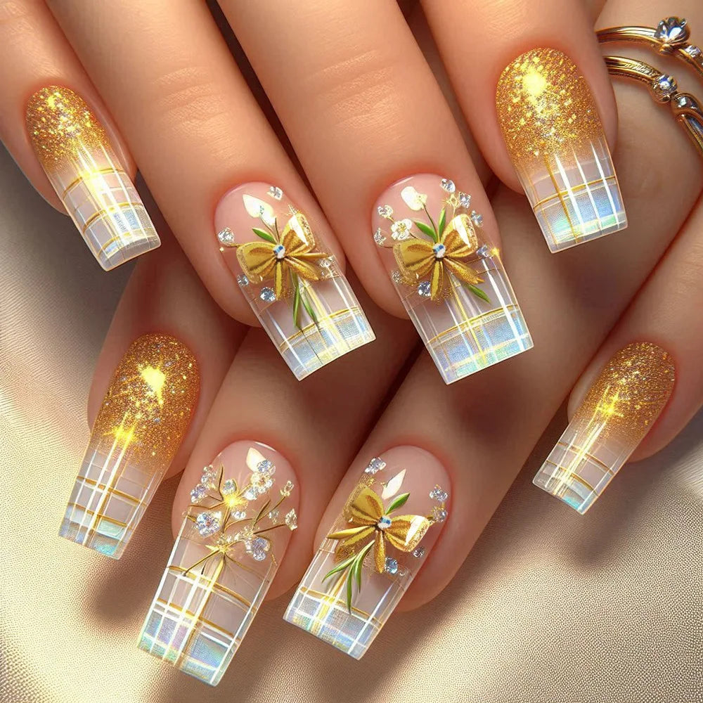 24pcs Gold Stripe Press‑On Nails – Long Square Full Cover Tips
