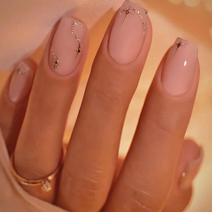 24Pcs French Pink Press on Nails Short Square Head Fake Nails with Flower Rhinestone Design Wearable Finished False Nail Tips