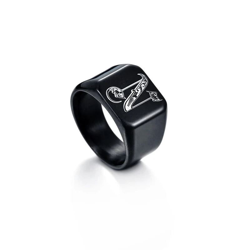 26 English Letters Stainless Steel Ring (Men · Double Beveled Edges · Classic Signet Style)