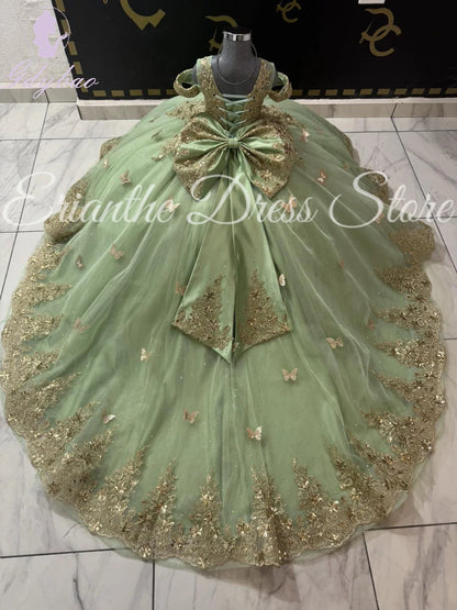 Green Flower Girl Dress For Wedding 3D Butterfly Applique Tulle Kids Birthday Party First Communion Ball Gowns Customized