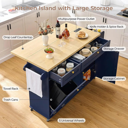60.2" Kitchen Islands with Storage, Rolling Island Table with Trash Can Storage Cabinet, Mobile Island Cart with, Customized