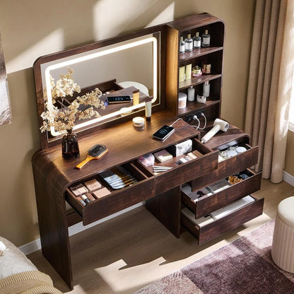 50" Vanity Desk with LED Mirror & Charging Station