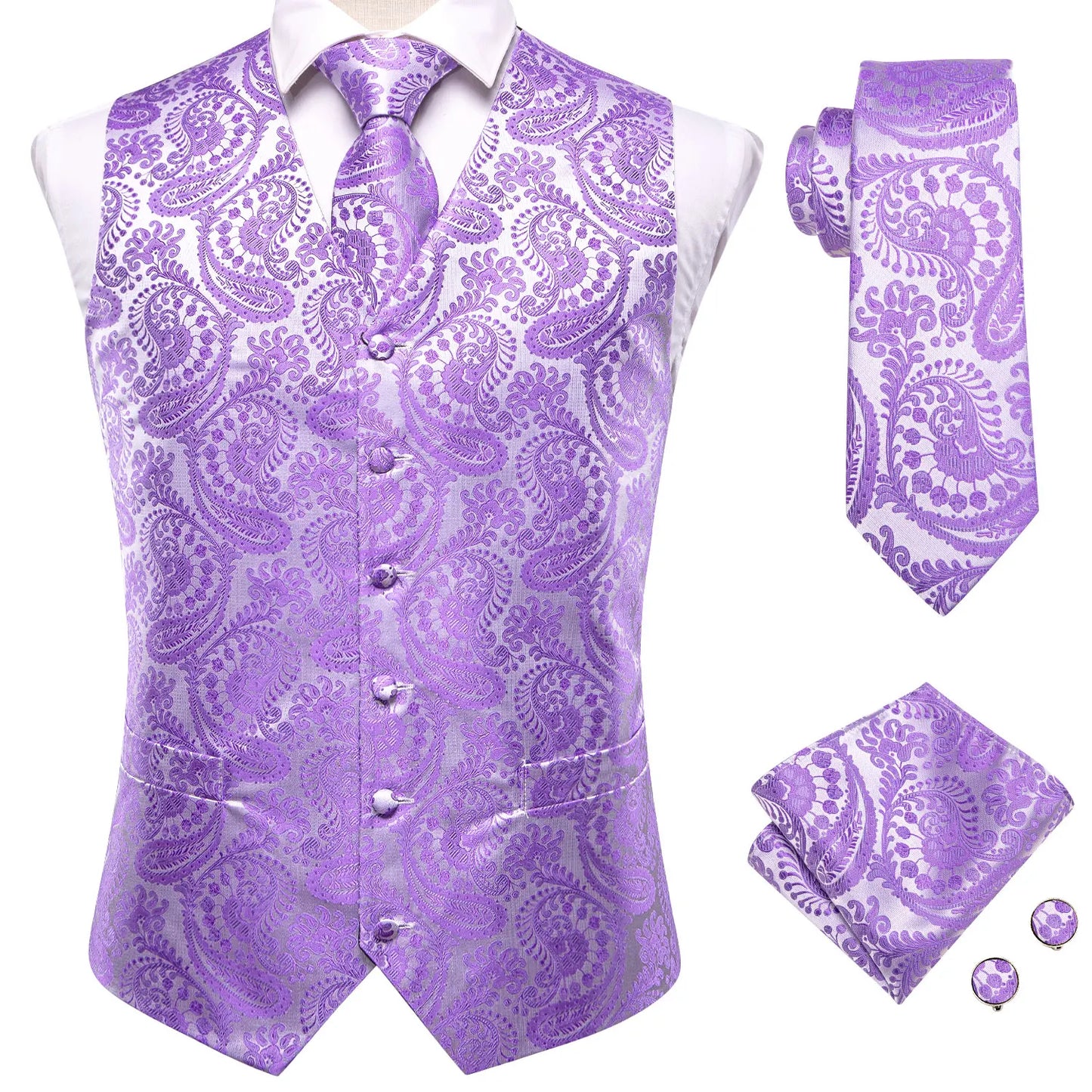 Hi-Tie 20 Color Silk Men's Vests Tie Slim Sleeveless Jacket Hanky Cufflink Waistcoat 4PC Suit
