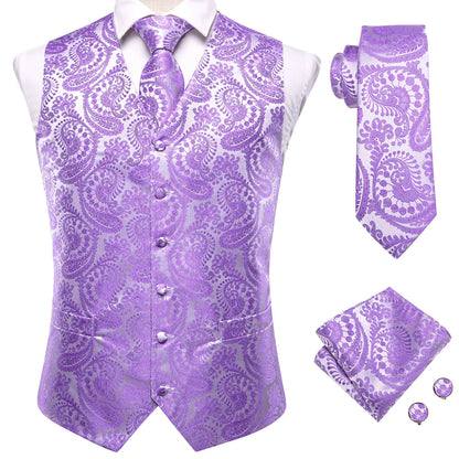 Hi-Tie 20 Color Silk Men's Vests Tie Slim Sleeveless Jacket Hanky Cufflink Waistcoat 4PC Suit