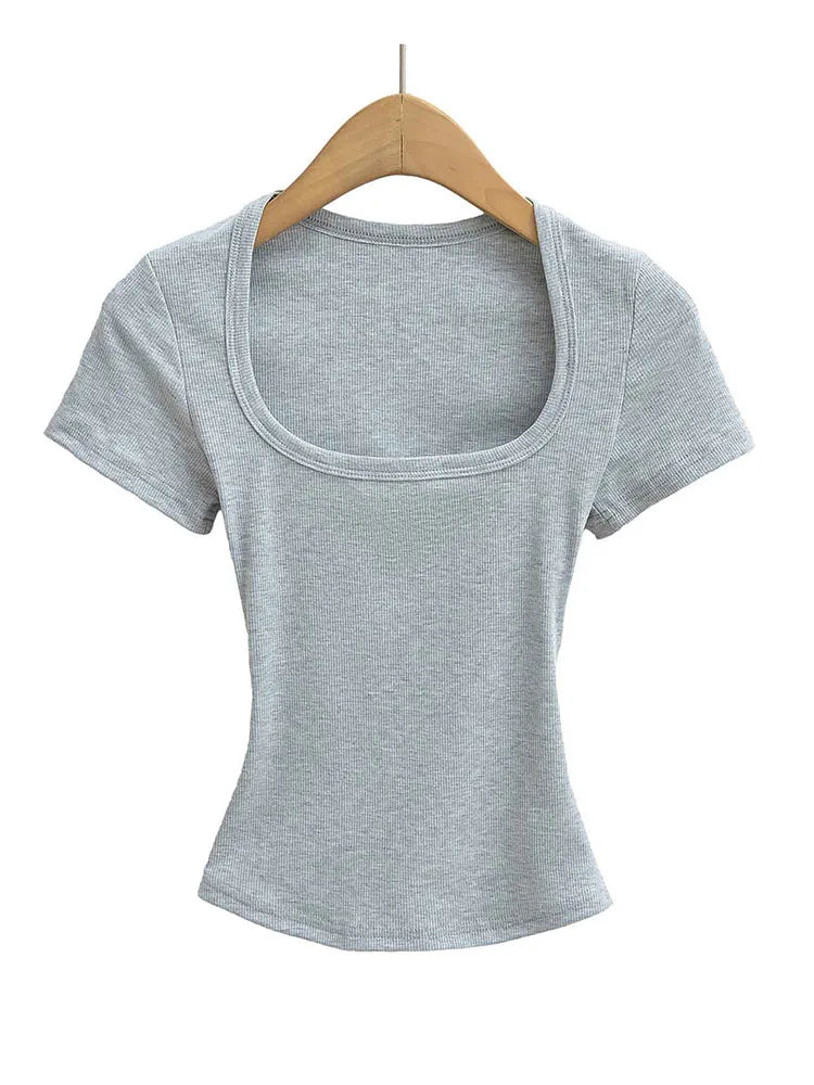 Slim Square Collar Short Sleeve Crop Top