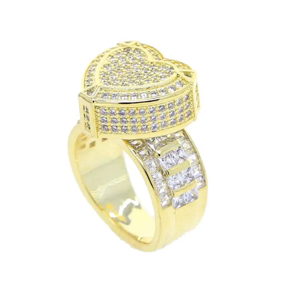 Mother's Day Gift For Girlfriend Hip Hop Gold Color Iced Out 5A Heart Cubic Zirconia Heart CZ Wedding Engagement Ring