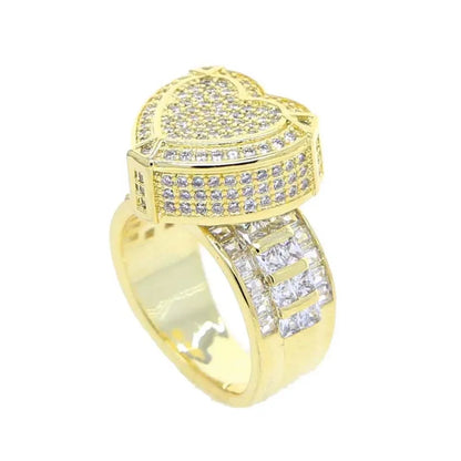Mother's Day Gift For Girlfriend Hip Hop Gold Color Iced Out 5A Heart Cubic Zirconia Heart CZ Wedding Engagement Ring
