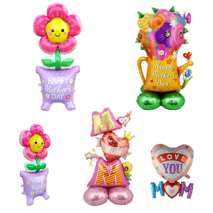 3D Stand Pedestal Mother’s Day Balloon Set – “Love Mom” & “Best Mom” Heart Foil Display