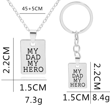 "MY DAD MY HERO" Keychain Necklace for Men Women Square Brand Carved Letter Pendant Chain Key Ring Accessories Father's Day Gift
